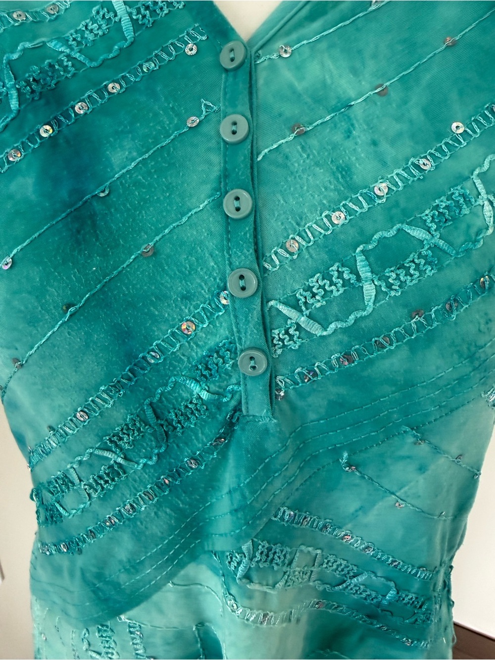 Vintage Y2K Tank Top Fairycore cami Teal Beaded Sleeveless mermaidcore S - Picture 6 of 10